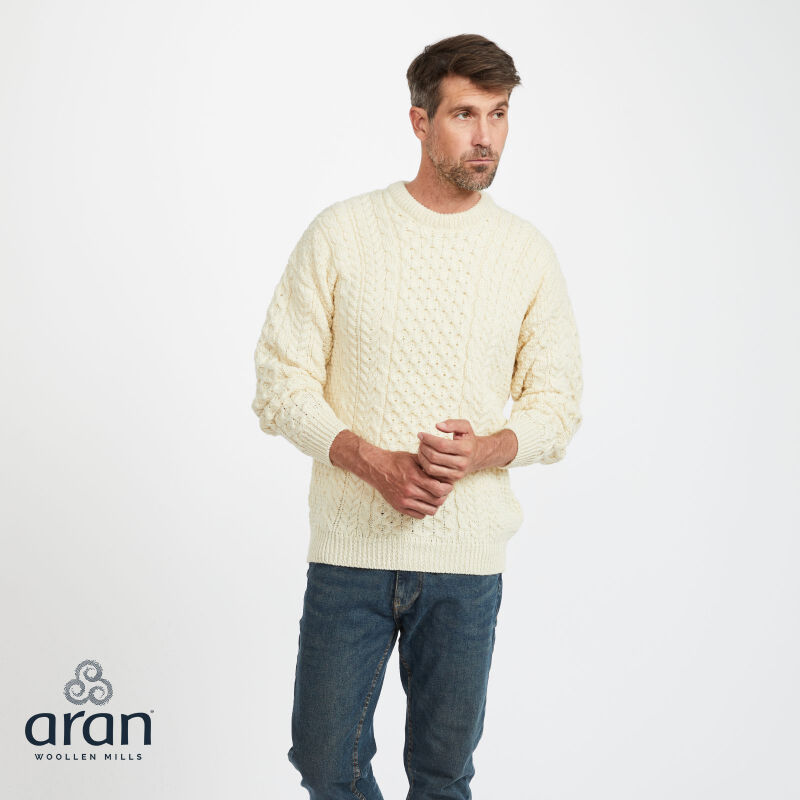 100% Natural Wool Crew Neck Traditional Aran Sweater  White Colour